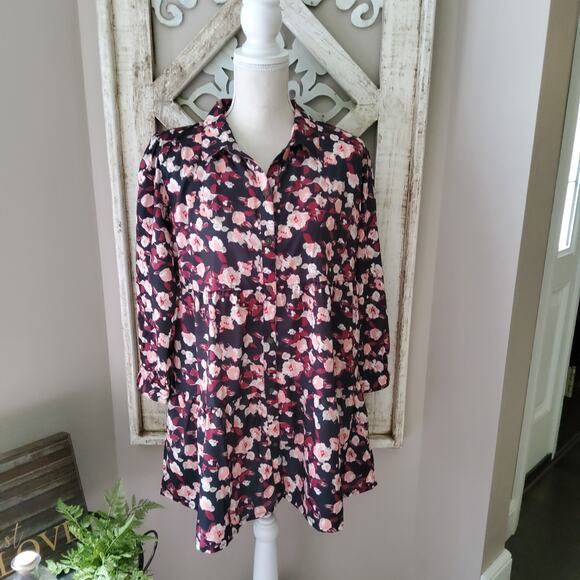 Times Two Maternity 3/4 Sleeve Button Down Collar Layered Ruffle Hem Blouse Top - Picture 2 of 14